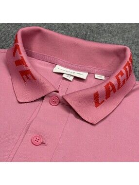 Lacoste Polo Shirt Mens Size 5 Large Slim Fit Pink Collar Spellout Preppy Casual